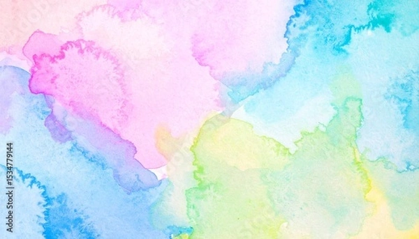 Fototapeta Delicate pastel watercolor washes blend softly across the textured paper creating an ethereal and dreamy background with gentle hues of pink, blue, green, and yellow.