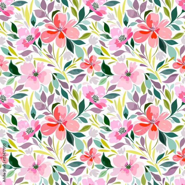 Fototapeta  Seamless pattern with floral print, bright summer pattern, flowers, foliage..