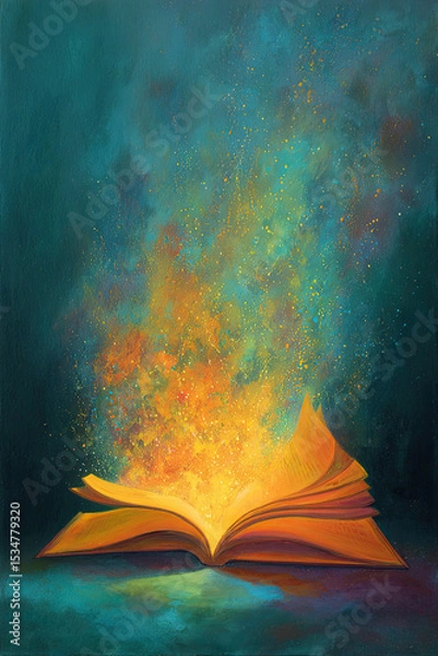 Fototapeta Open book glowing magical colorful fantasy painting sparks imagination surreal