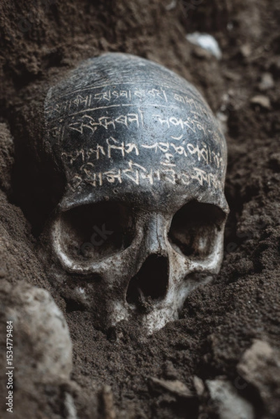 Fototapeta Dark photo of white skull buried in soil with ancient script carved on surface