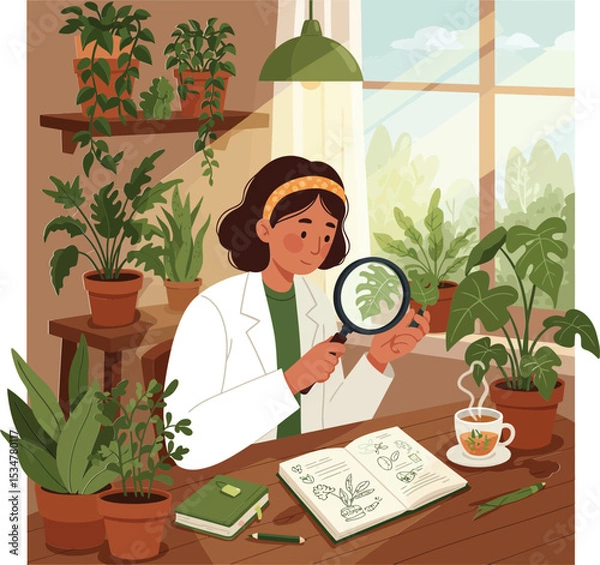 Obraz Woman botanist examining plant with magnifying glass at home surrounded by potted greenery and open botanical journal 
