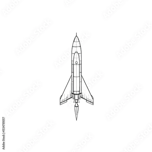 Fototapeta Artistic Top View Drawing of a Rocket with Visible Flame on White Background
