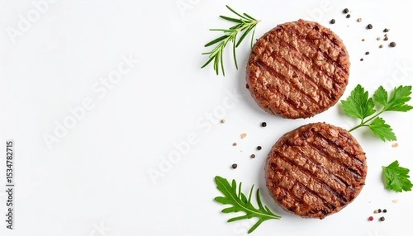 Fototapeta Two grilled plant based burger patties are positioned with fresh rosemary and arugula sprigs to provide a healthy meal alternative, isolated against a white background.