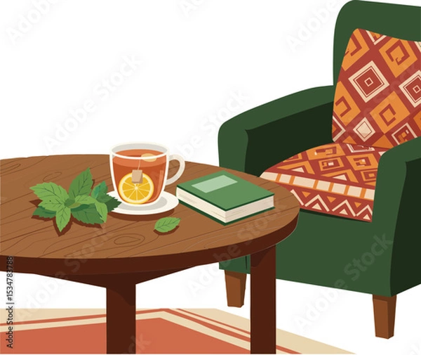 Obraz Cozy green armchair with patterned cushion and wooden table holding tea cup and book in relaxing home setting 