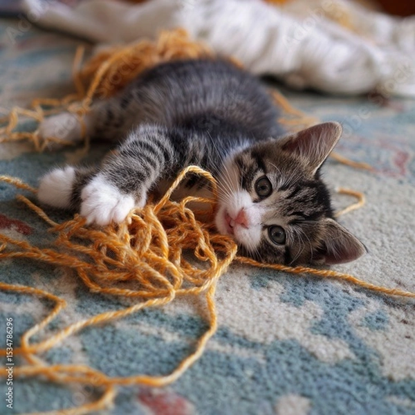 Fototapeta Playful Kitten Chewing on Yarn Amidst Colorful Background Texture