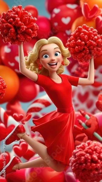 Obraz Cheerful cheerleader jumping amid colorful heart decorations indoor celebration digital art vibrant joyful concept