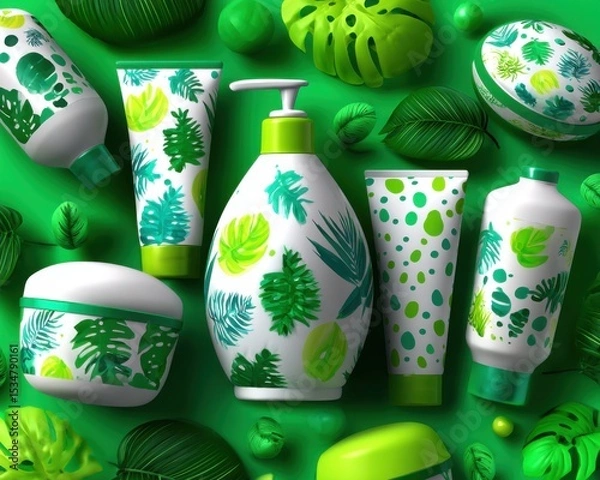 Obraz Eco-friendly skincare products studio setting photography green aesthetic top down view natural beauty concept