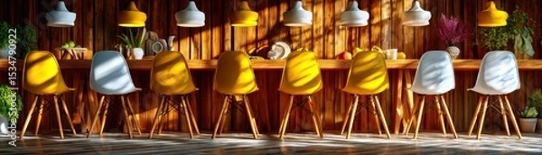 Obraz Modern dining experience in stylish restaurant interior design cozy atmosphere bright sunlight inviting ambiance