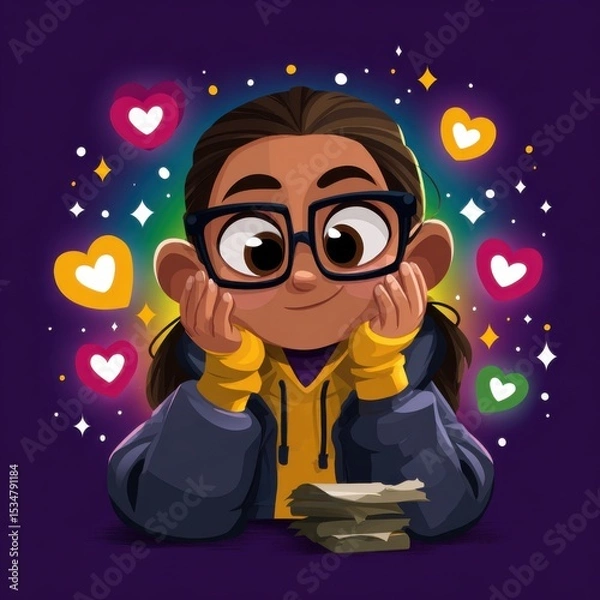 Obraz Joyful young girl in glasses animated illustration vibrant background expressing emotions whimsical style