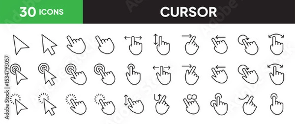Fototapeta Cursor icon set in line style. Collection of click and tap linier icons. including head, eyes, ear, mouth, heart, bone, teeth, brain, hair, etc. Editable stroke