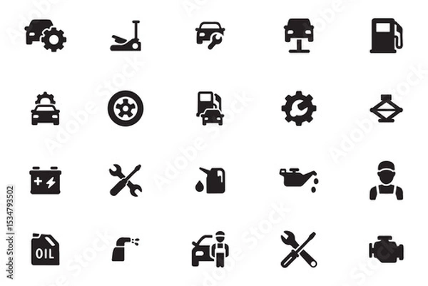 Fototapeta Auto mechanic and car service glyph icon set for garage and maintenance