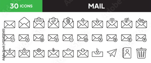 Fototapeta Mail icon set in line style. Collection of email linier icons. including communication, inbox, recieve, messaging, read, unread, spam, reply, forward, spam, locked, attachment, etc. Editable stroke