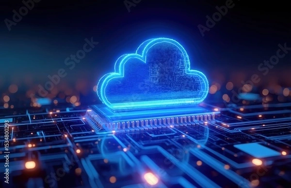 Obraz Glowing blue cloud icon on intricate circuit board background with bokeh effect, symbolizing cloud computing, data storage, digital transfer, and futuristic network connectivity in abstract cyberspace