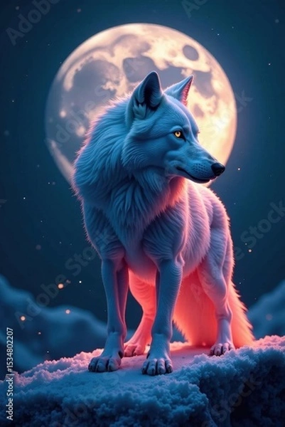 Obraz Geometric wolf form, full moon glow, icy textures, white, pattern