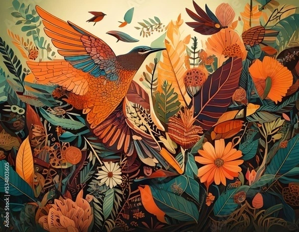 Fototapeta Vibrant Tropical Bird in Lush Floral Paradise: A Stunning Artwork Featuring a Colorful Bird Soaring Amidst a Riot of Exotic Flowers and Leaves, Creating a Captivating Tapestry of Nature's Beauty.