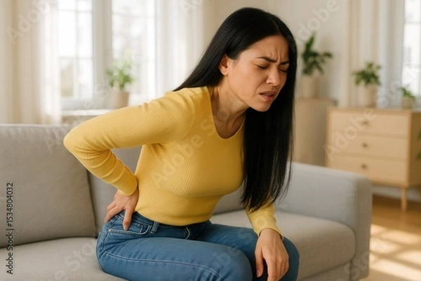 Fototapeta Back pain: A woman in a yellow sweater is experiencing back pain, holding her lower back while sitting on a sofa