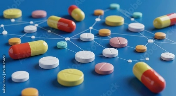 Fototapeta Assorted pills and capsules interconnected, illustrating pharmaceutical networks or medication interactions