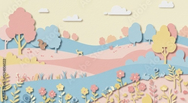 Fototapeta Charming Paper Cut Pastel Forest Landscape with Woodland Animals and Birds