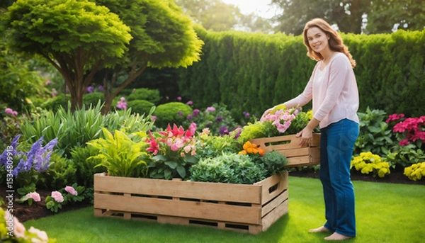 Fototapeta A woman is taking care of flowers in the garden.