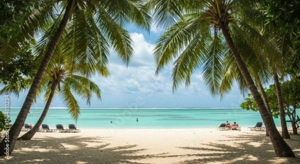 Fototapeta Idyllic tropical beach scene; clear turquoise water, white sand, palm trees framing a view of bathers relaxing on lounge chairs