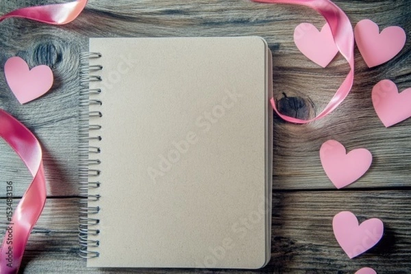 Fototapeta Vibrant Picture of High Angle of Notebook with Hearts and Ribbon for Valentines Day