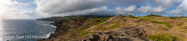 Fototapeta Panoramic view of a rocky coastline with green hills under a cloudy sky.