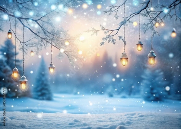 Fototapeta A serene winter scene with a blurred background featuring delicate hanging lights and gently falling snowflakes amidst a snowy landscape