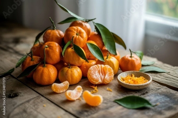 Fototapeta A photograph of a vibrant pile of organic clementine mandarins artfully arranged on a rustic wooden table