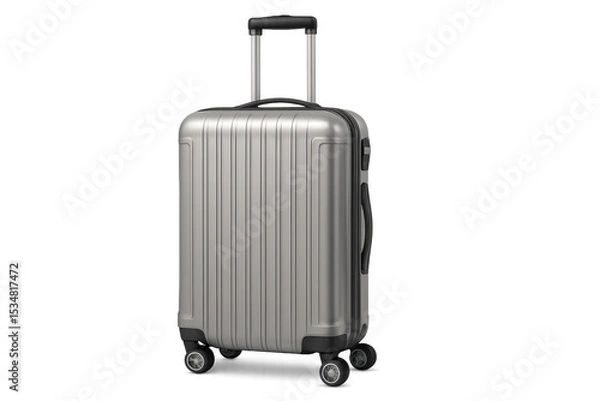 Fototapeta Modern silver hard-shell suitcase with retractable handle and wheels, isolated on transparent background, ready for travel