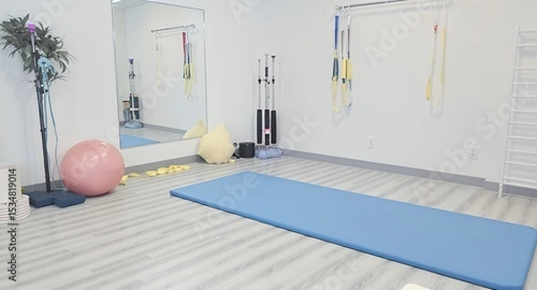 Fototapeta Bright Physical Therapy Room with Exercise Mat Ball and Modern Equipment Emphasizing Healthcare Wellness and Rehabilitation in a Clean and Airy Setting