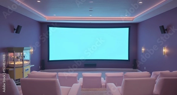 Fototapeta Home Theater Interior with Plush Pink Seating and Blank Blue Screen Under Soft Recessed Lighting in a Purple Room