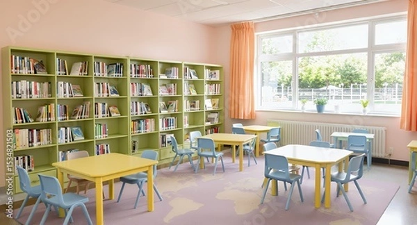 Fototapeta Inviting Classroom with Pink Walls Bookshelf Yellow Tables and Blue Chairs Bathed in Natural Light Creates a Warm Educational Environment for Students and Reading