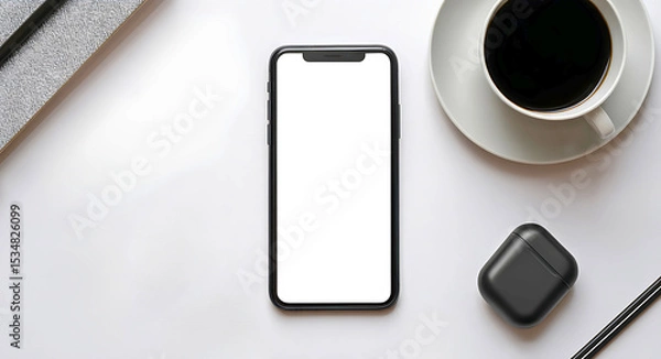 Fototapeta A white or transparent screen smartphone lying on a white table with accessories like earbuds and a coffee cup. top-down perspective.