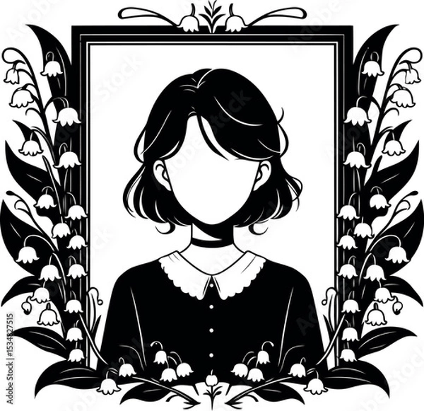 Fototapeta Elegant portrait beautifully framed with a delicate border of blooming Lily of the Valley