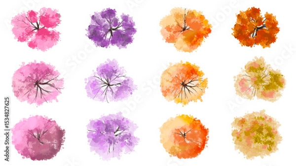 Fototapeta Vertor set of spring blossom tree,bloomimg plants top view for landscape plan,schematic layout,eco environment concept design,watercolor sakura illustration