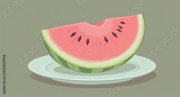 Fototapeta Vibrant Pixel Art of a Watermelon Slice Displaying Freshness on a Light Green Plate Against a Muted Green Background in a Simple Clean Style with a Nostalgic Video Game Aesthetic