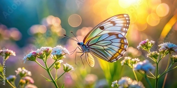 Fototapeta A delicate butterfly with iridescent wings rests on a wildflower