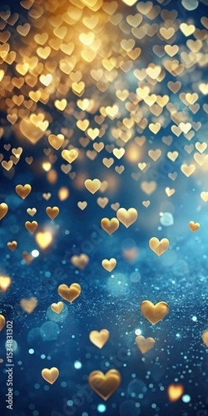 Fototapeta A blue background with scattered gold hearts and soft bokeh lights resembling a romantic night sky