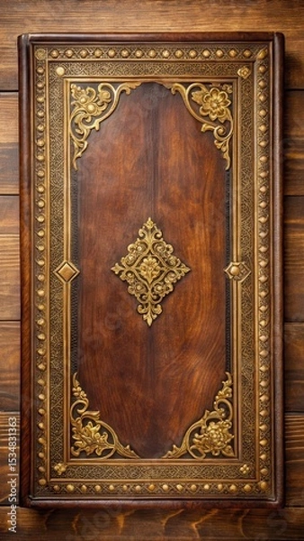 Fototapeta Antique leather book cover with gold accents and ornate patterns on a wooden table background