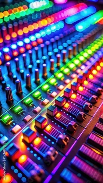 Fototapeta A close-up view of vibrant neon lights illuminating a music mixing board with various knobs and sliders