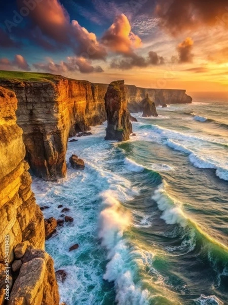 Fototapeta Dramatic cliffs with rugged terrain and crashing waves at sunset