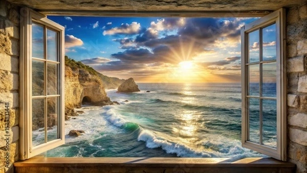 Fototapeta A serene seaside scene with a window framing the vast ocean and salty sea spray