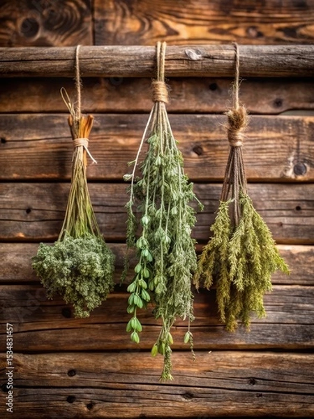 Fototapeta Dried herb bundle suspended from a rustic wooden beam with delicate vines and leaves
