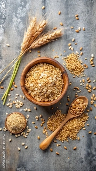 Fototapeta A bowl of rolled oats in a minimalist flat lay with other whole grain foods and natural elements