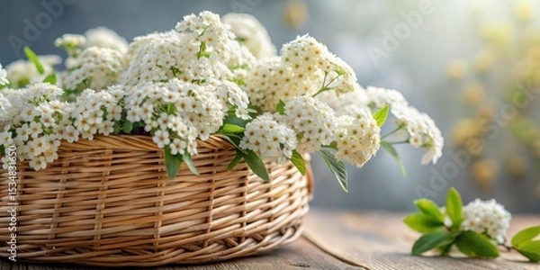 Fototapeta Close-up of gray spirea flowers in a woven wicker basket