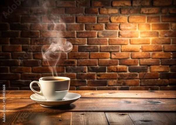 Fototapeta A steaming cup of coffee sits on a rustic wooden table against a warm brick wall with natural textures and earthy tones