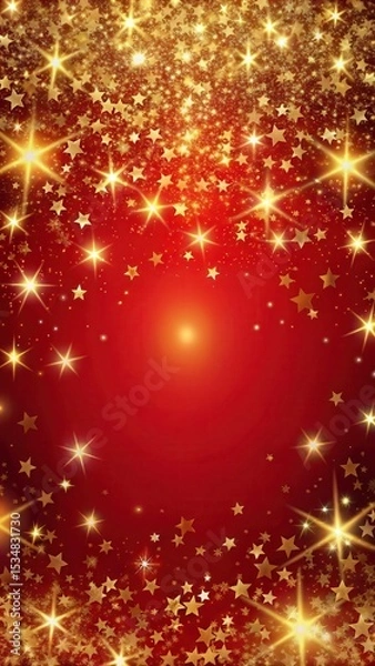 Fototapeta Festive red background with golden glitter and twinkling stars