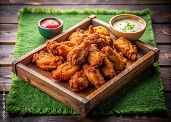 Fototapeta Crisp fried chicken wings arranged artfully on a rustic wooden tray atop a lush football field grass background
