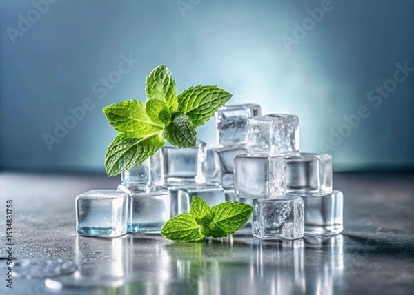 Fototapeta A serene still life photography featuring a cluster of ice cubes and crisp mint leaves placed artfully on a sleek