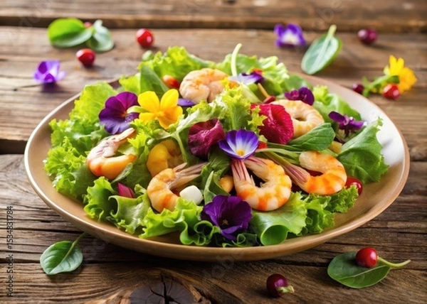 Fototapeta A juicy shrimp and crunchy lettuce salad with a light vinaigrette dressing